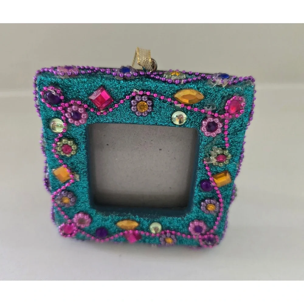 Teal Glitter Mini Picture Frame Ornament Beaded Jeweled Easel Back‎ Square 3in